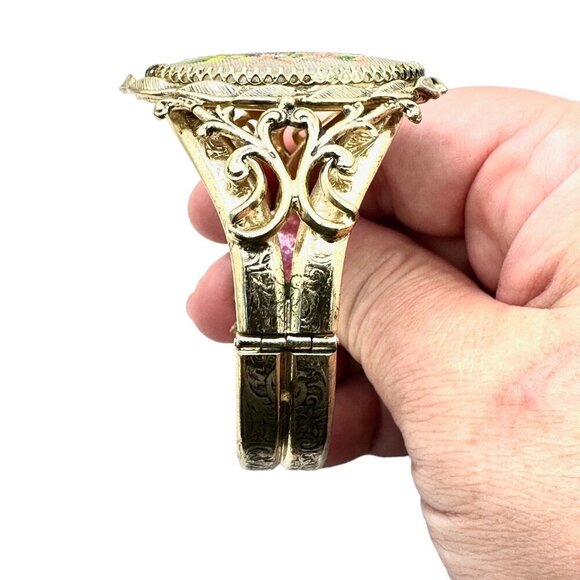 Vintage Women's Bracelet Whiting & Davis Gold Tone Floral Hinged Bangle - Picture 3 of 5